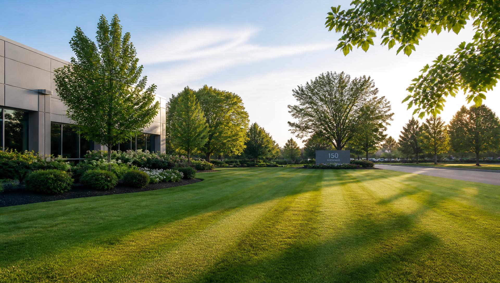 Manicured commercial property lawn with mowing stripes at sunrise